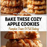 Stack of golden salted caramel apple pie cookies with a drizzle of caramel and bits of spiced apple filling.